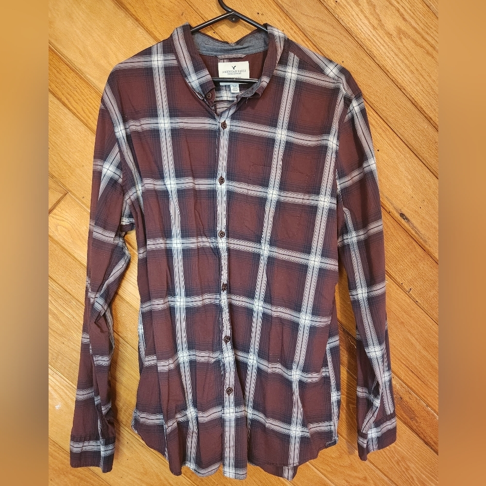 American Eagle XL seriously soft slim fit dark red and black plaid shirt